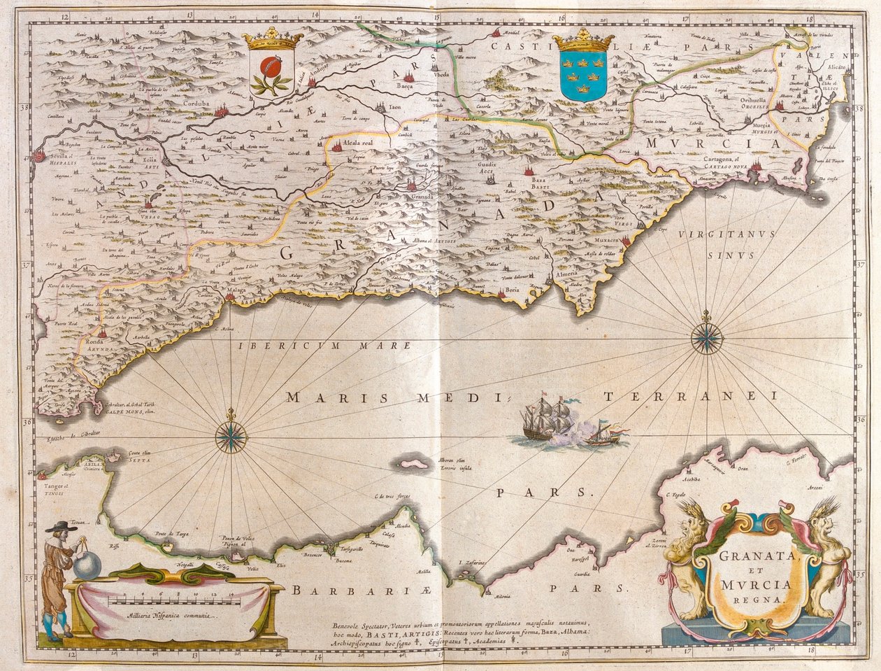 Estreito de Gibraltar a Alicante, até ao interior do vale do Guagalquivir e Sevilha e à costa do Norte de África, em "Theatrum Orbis Terrarum, sive Atlas Novus" de Willem Blaeu, Amesterdão de Willem Blaeu
