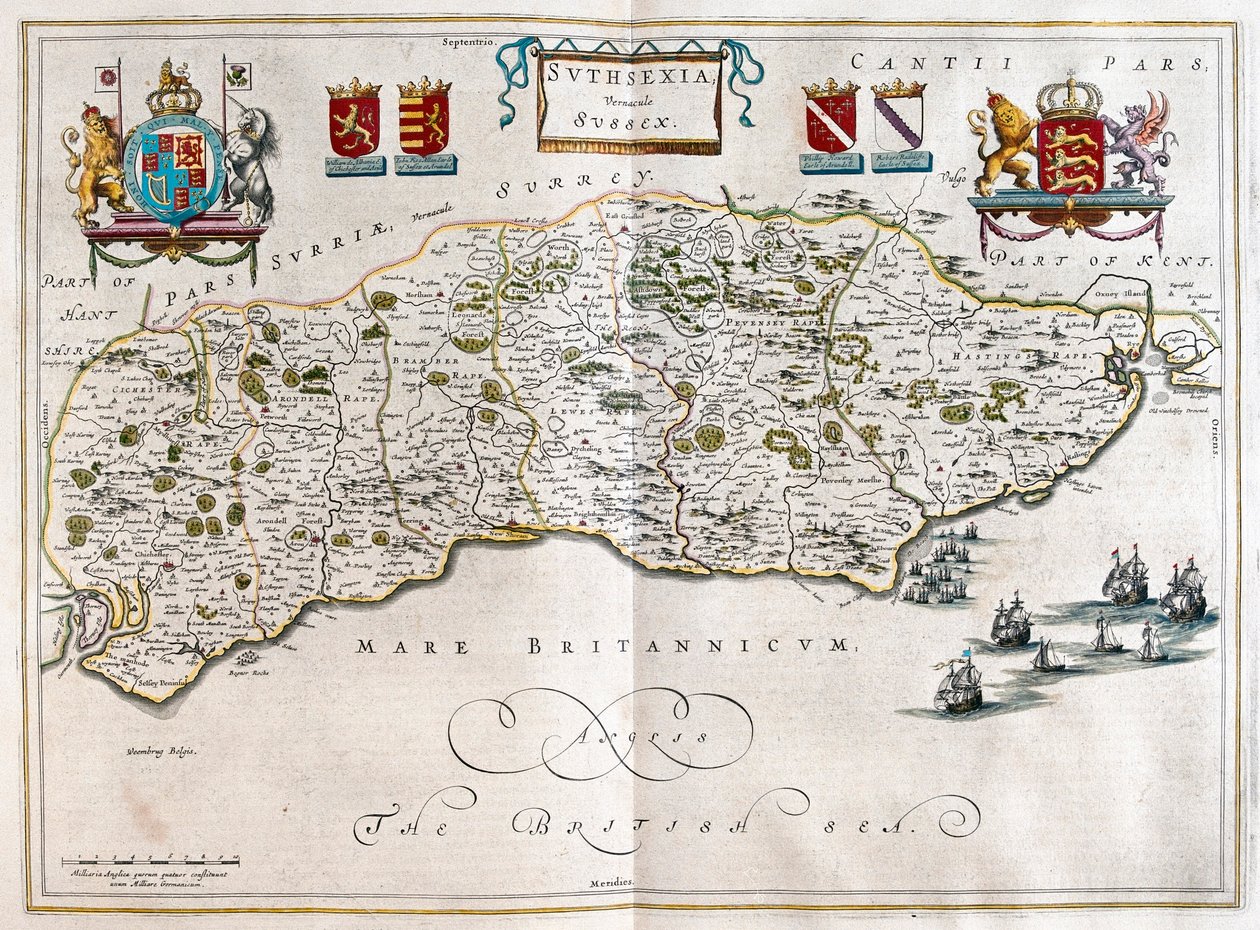 Sussex, em "Theatrum Orbis Terrarum, sive Atlas Novus" de Willem Blaeu, Amesterdão de Willem Blaeu