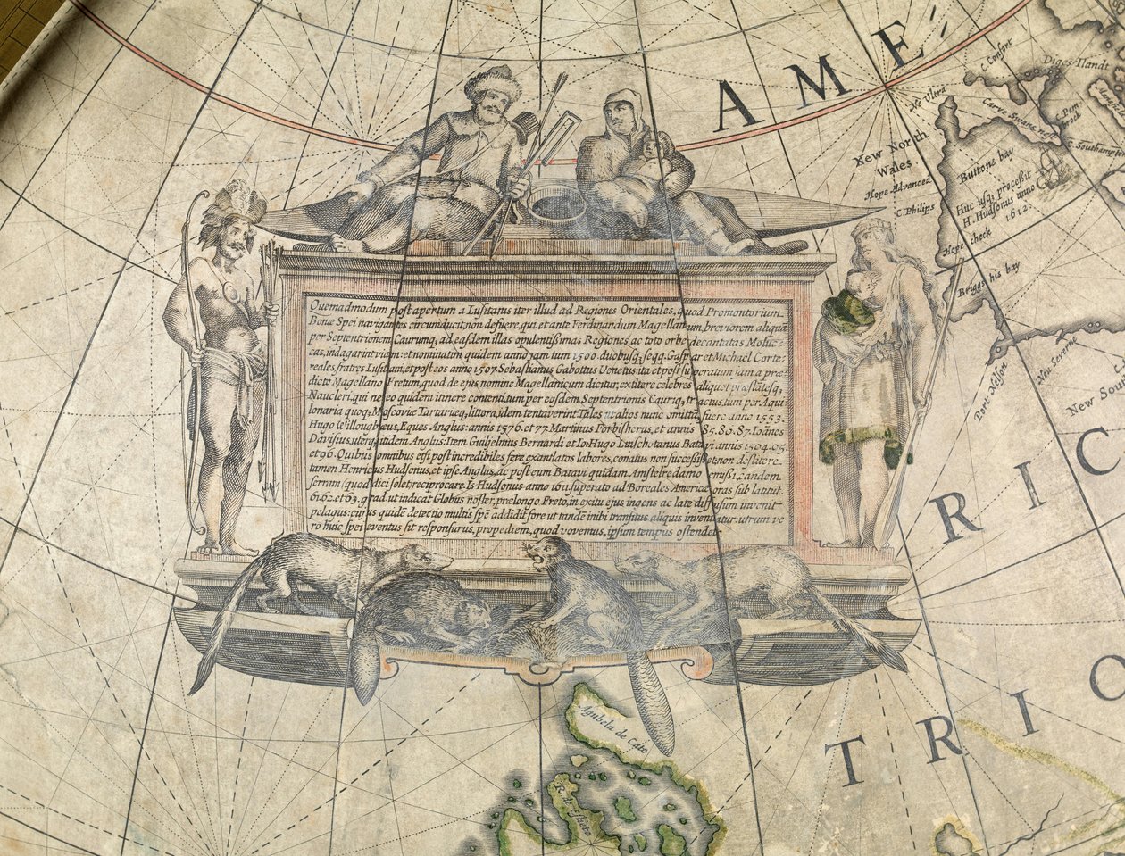 Globo terrestre, pormenor da cartuxa, c.1650 (papel machê, gesso, gravura em cobre, tinta, verniz, latão, madeira, papel) de Willem Blaeu
