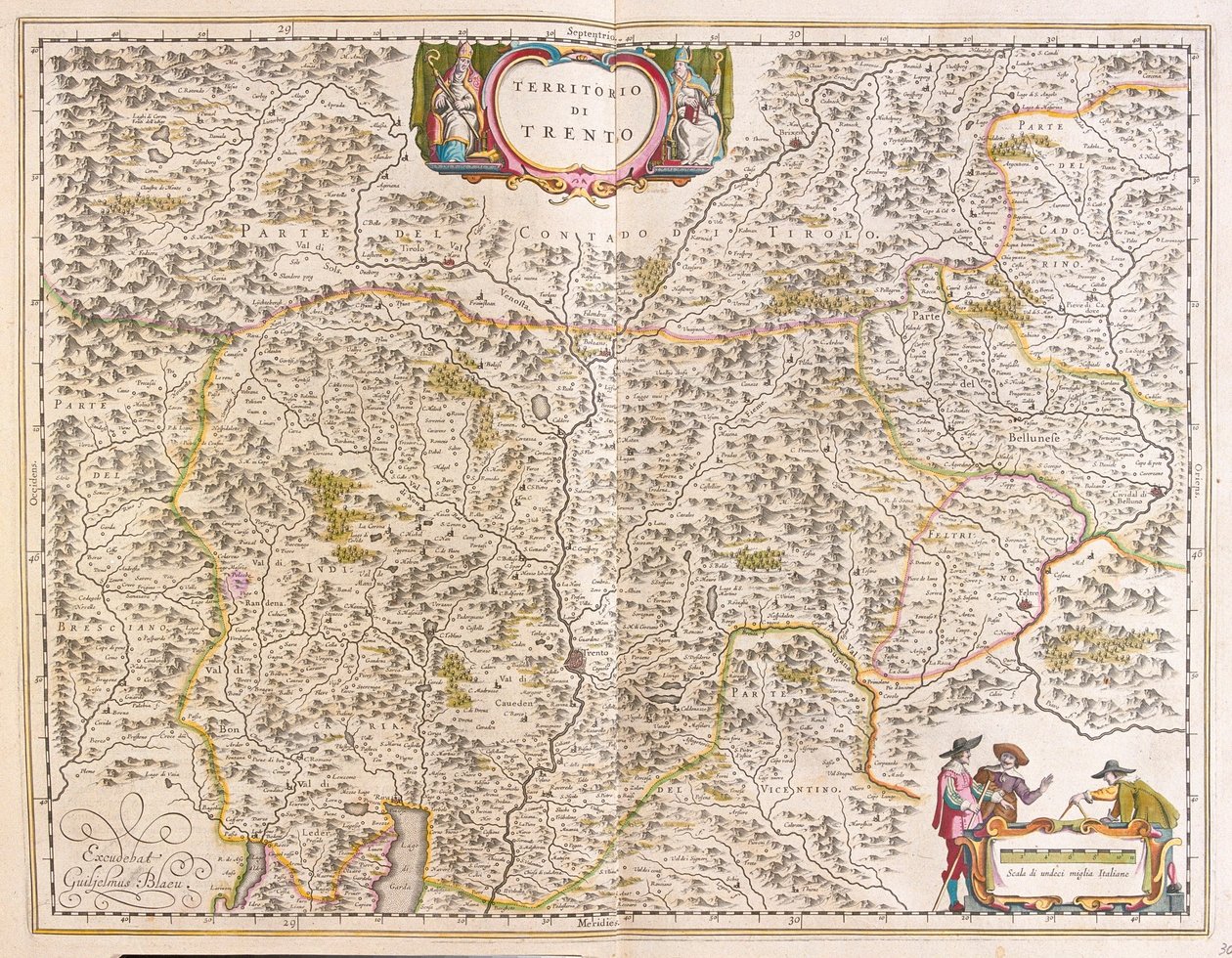 Trento, Itália, em "Theatrum Orbis Terrarum, sive Atlas Novus" de Willem Blaeu, Amesterdão de Willem Blaeu