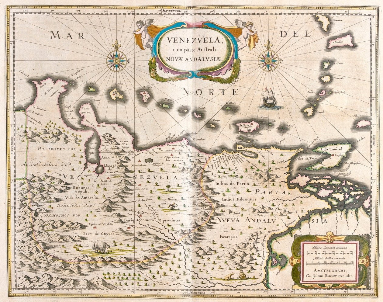 Venezuela, Trinidade, Tobago, Tortuga, Antilhas, Caraíbas, em "Theatrum Orbis Terrarum, sive Atlas Novus" de Willem Blaeu, Amesterdão de Willem Blaeu