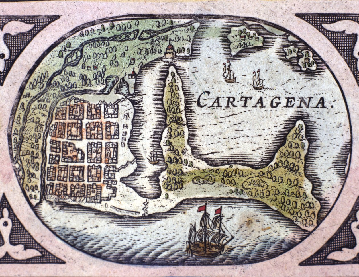 Vista de Cartagena na Colômbia (América do Sul). Detalhe de um mapa do Atlas "Le Theatre du Monde" de Willem Janszoon Blaeu (1571-1638) de Willem Blaeu