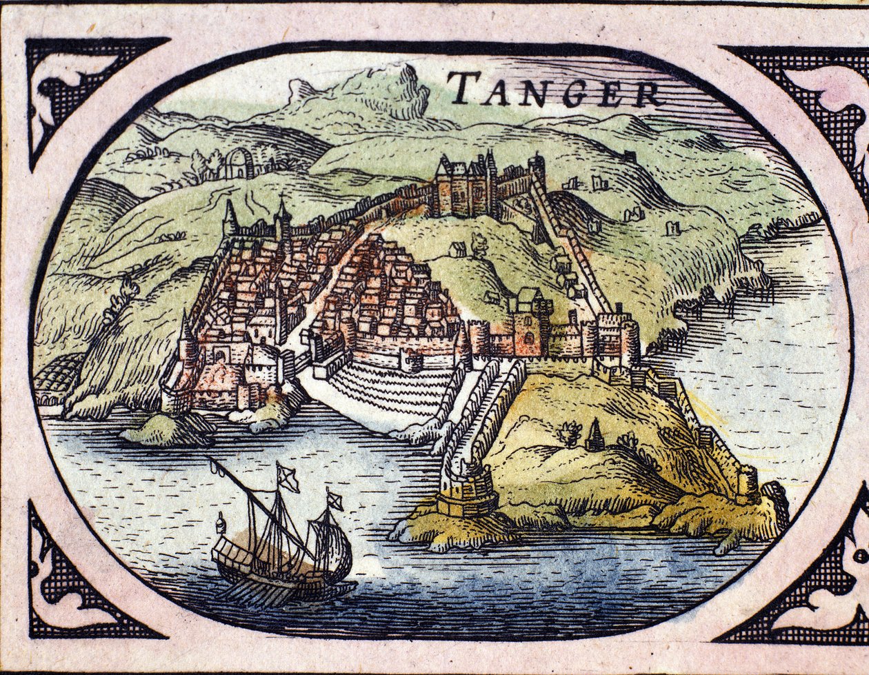 Vista da cidade fortificada de Tânger e da costa, Marrocos. Mapa do Atlas holandês de W. G. Blaeu, Amsterdão de Willem Blaeu