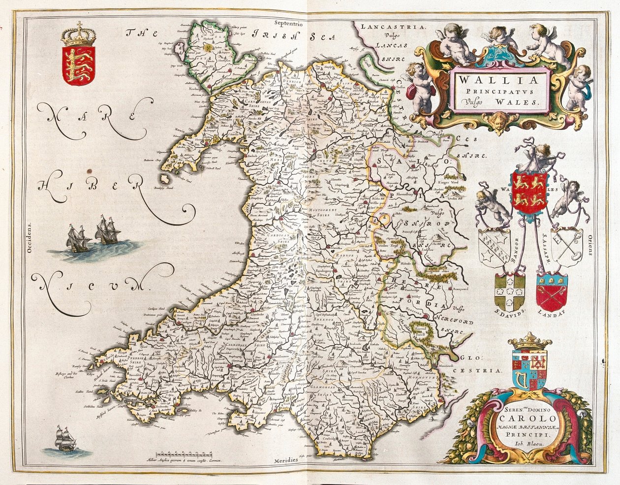 País de Gales, em "Theatrum Orbis Terrarum, sive Atlas Novus" de Willem Blaeu, Amesterdão de Willem Blaeu