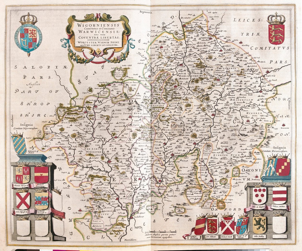 Worcestershire, warwikshire, em "Theatrum Orbis Terrarum, sive Atlas Novus" de Willem Blaeu, Amesterdão de Willem Blaeu