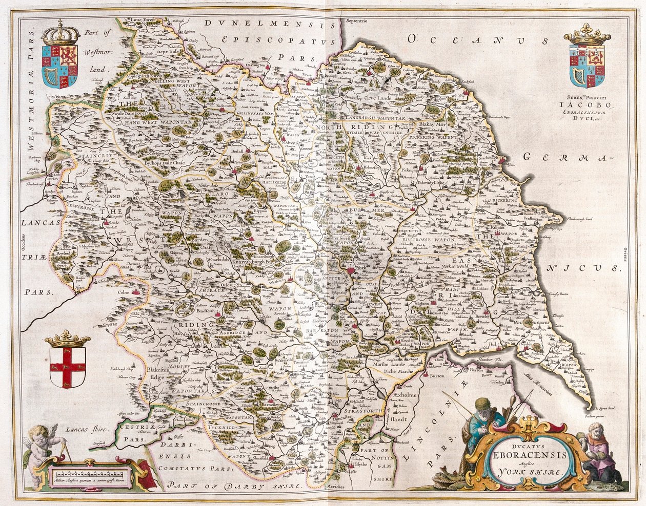 Yorkshire, em "Theatrum Orbis Terrarum, sive Atlas Novus" de Willem Blaeu, Amesterdão de Willem Blaeu