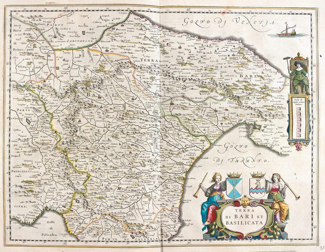 cidade de Bari e Basilicata, Itália, em "Theatrum Orbis Terrarum, sive Atlas Novus" de Willem Blaeu, Amesterdão de Willem Blaeu