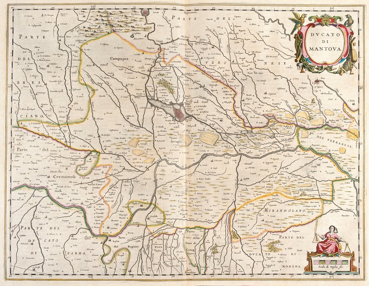 cidade de Mantova, Itália, no "Theatrum Orbis Terrarum, sive Atlas Novus" de Willem Blaeu, Amesterdão de Willem Blaeu
