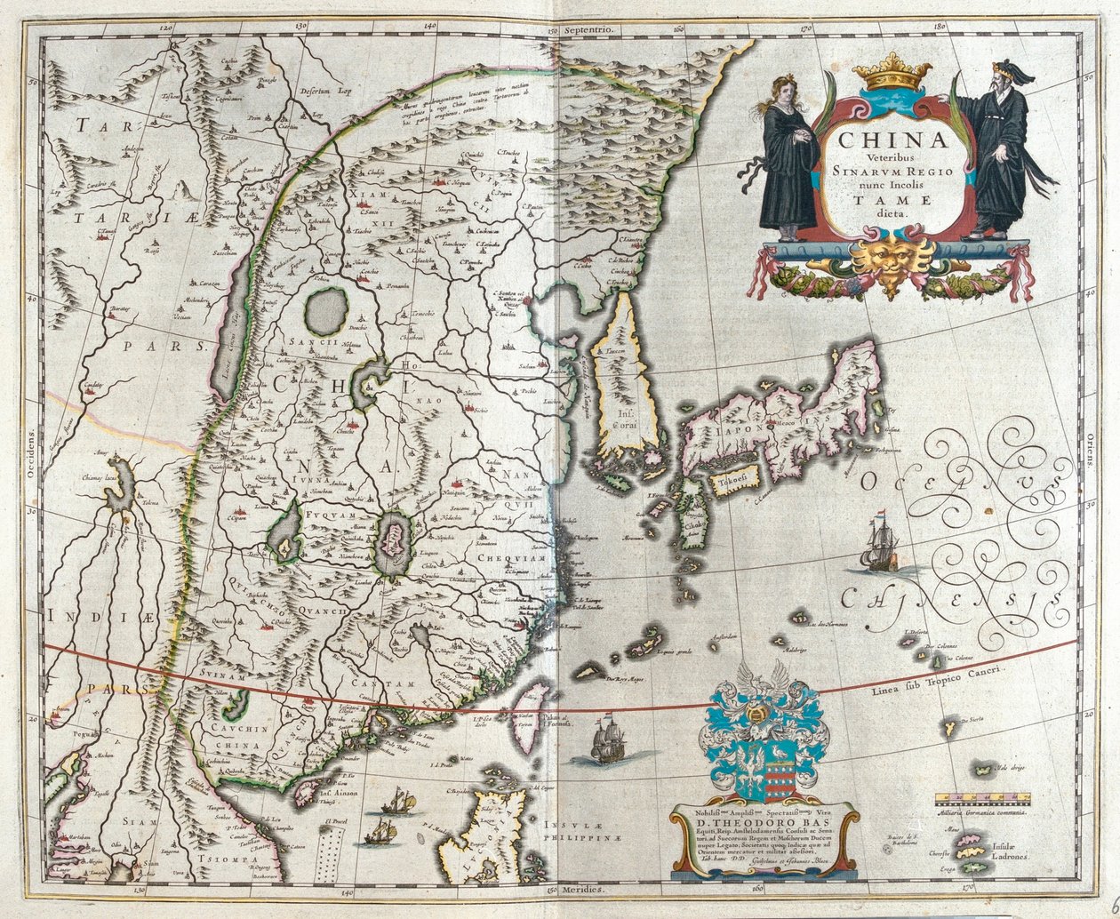 primeiro dos mapas da China de Blaeu, em "Theatrum Orbis Terrarum, sive Atlas Novus" de Willem Blaeu, Amesterdão de Willem Blaeu
