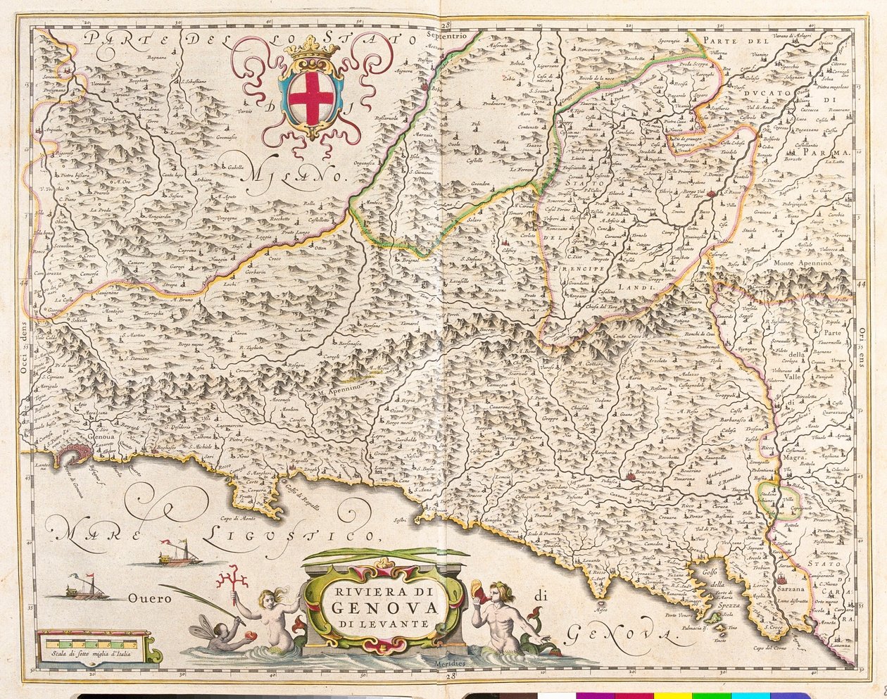 iRiviera oriental da Ligúria, Itália, n "Theatrum Orbis Terrarum, sive Atlas Novus" de Willem Blaeu, Amesterdão de Willem Blaeu
