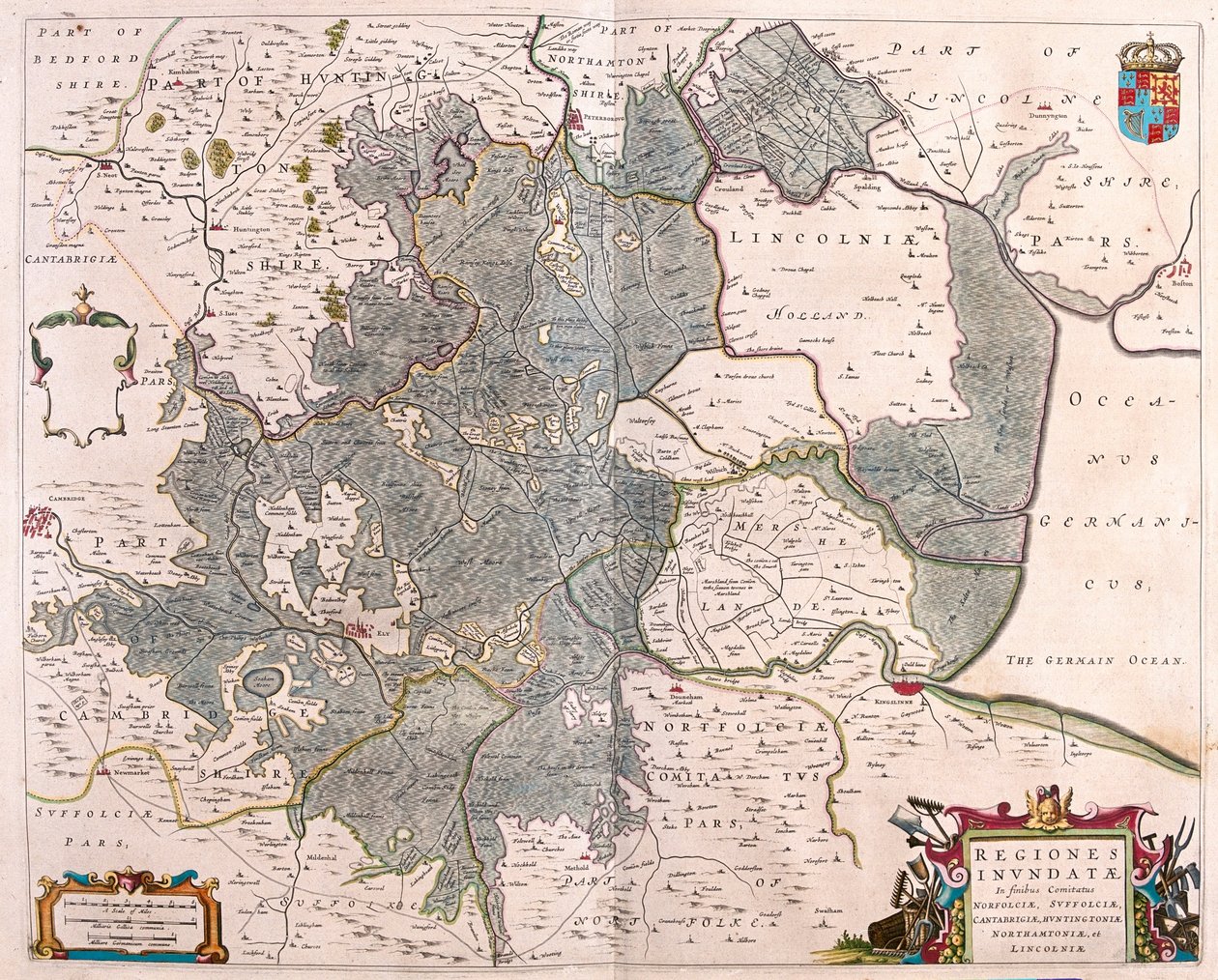 áreas inundadas" de Norfolk, Suffolk, Huntington, Northampton Cambridge e Lincoln, em "Theatrum Orbis Terrarum, sive Atlas Novus" de Willem Blaeu, Amesterdão de Willem Blaeu