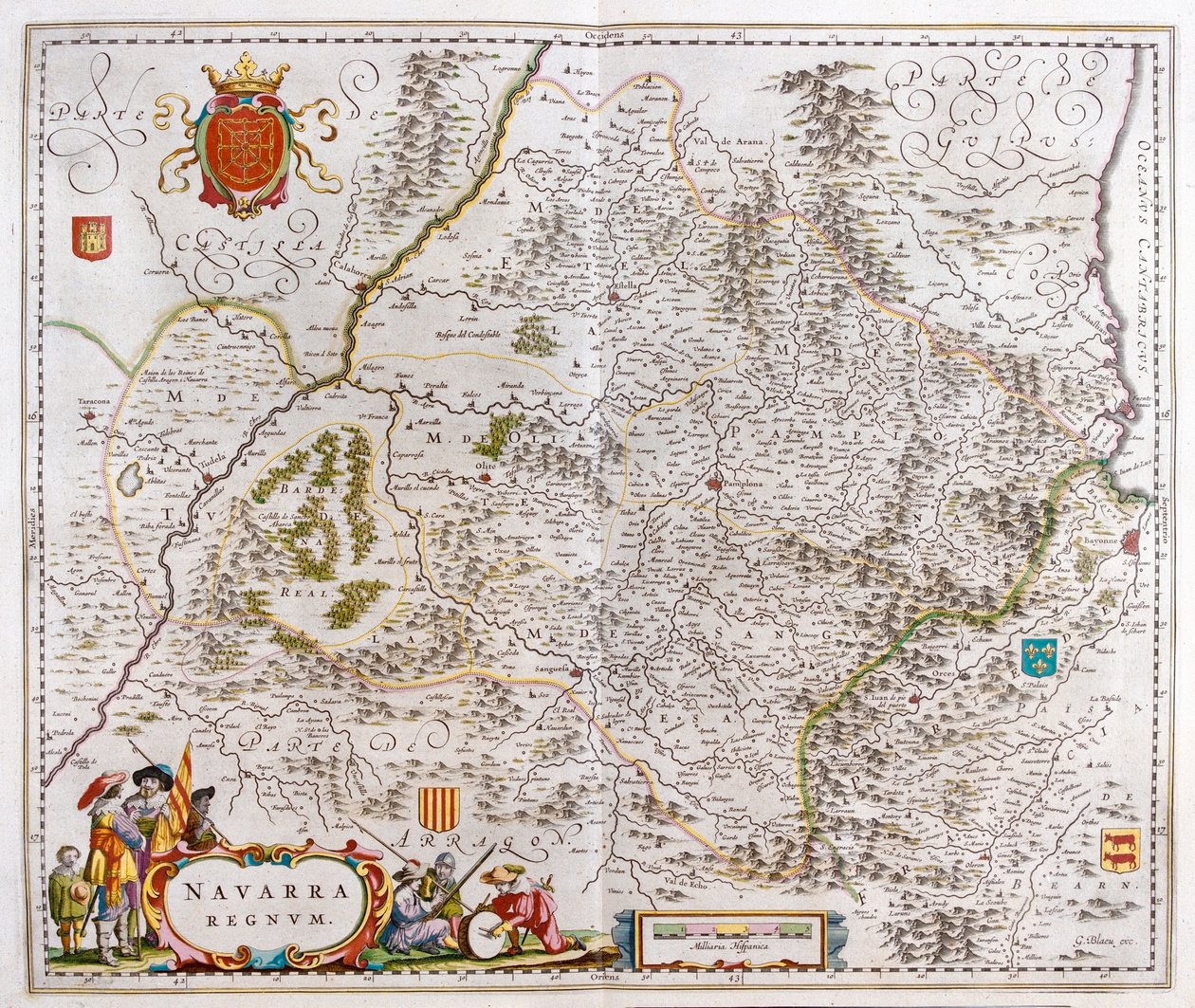 região que inclui Pamplona, Baiona e San Sebastian, em "Theatrum Orbis Terrarum, sive Atlas Novus" de Willem Blaeu, Amesterdão de Willem Blaeu
