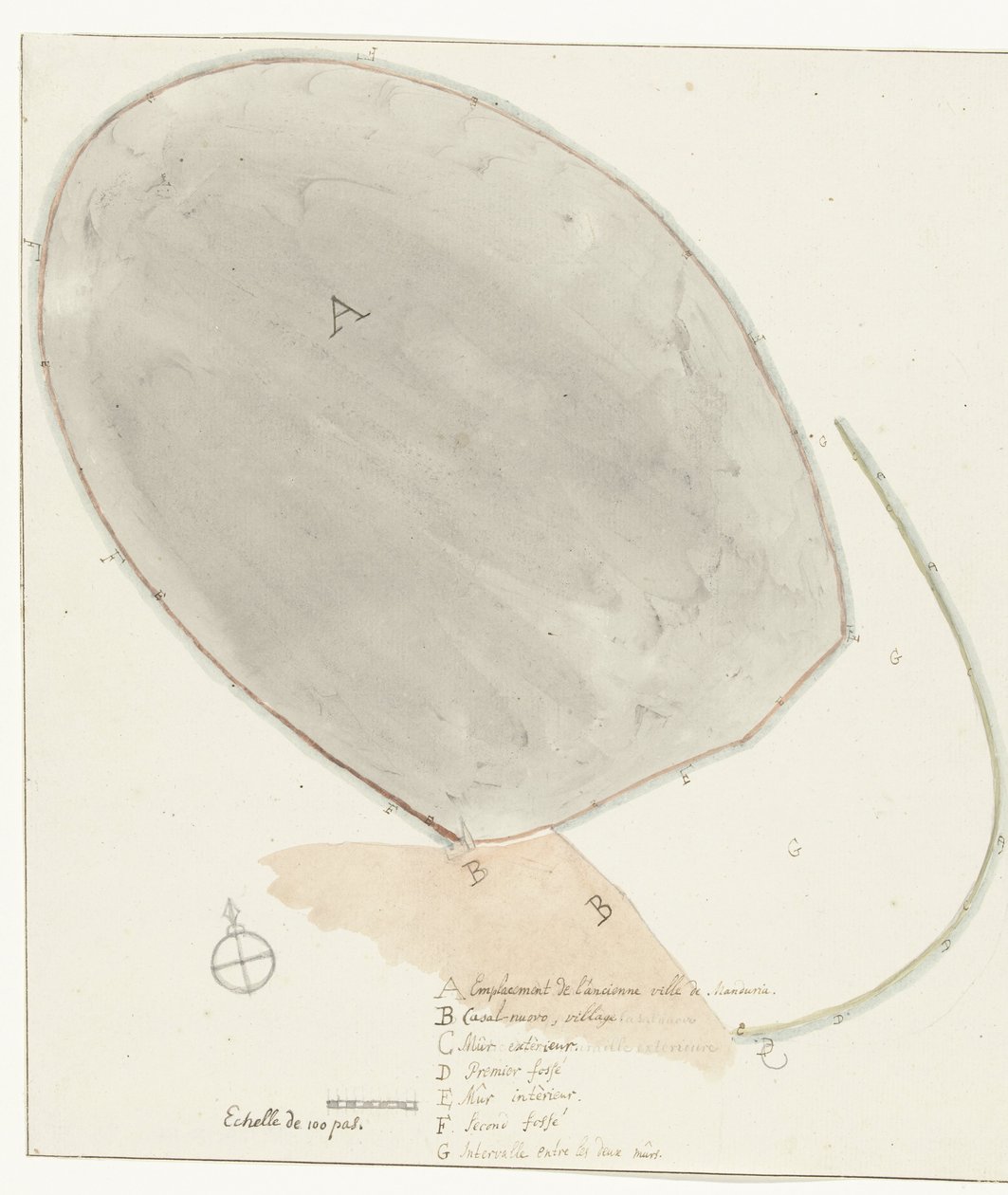 Plattegrond met afmetingen van oude stad Manduria
Plano medido das paredes exteriores e interiores da antiga Manduria, pelo Sr. Dierquens
Viagens em Itália, Sicília e Malta - 1778 (título da série) de Willem Carel Dierkens