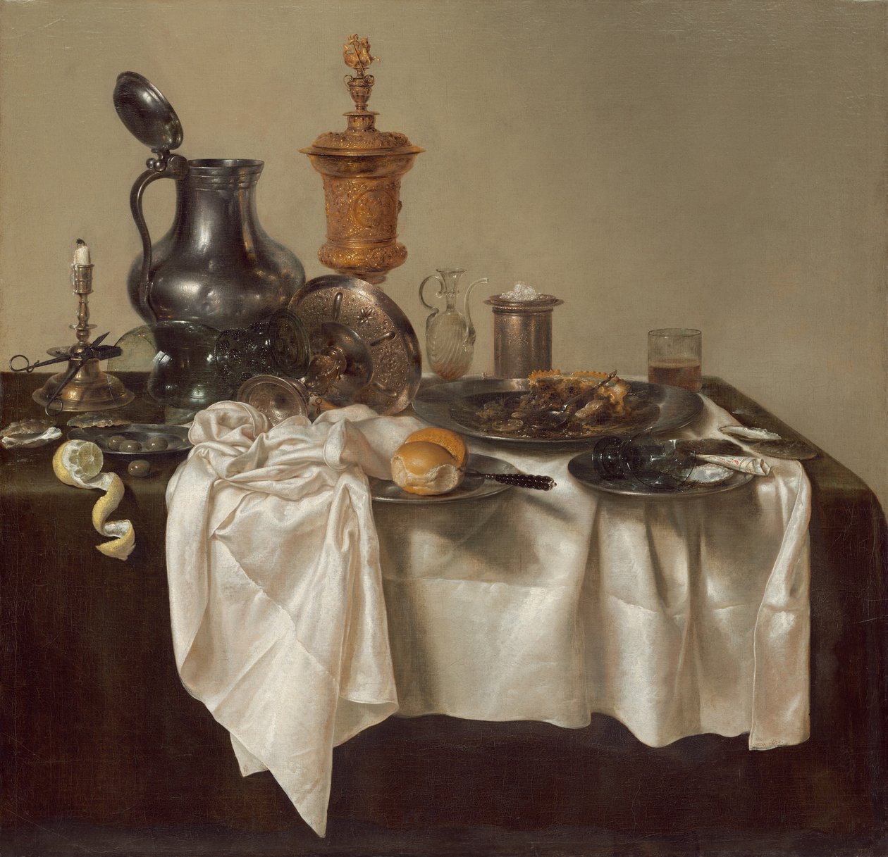 Peça de banquete com torta de carne moída de Willem Claesz. Heda