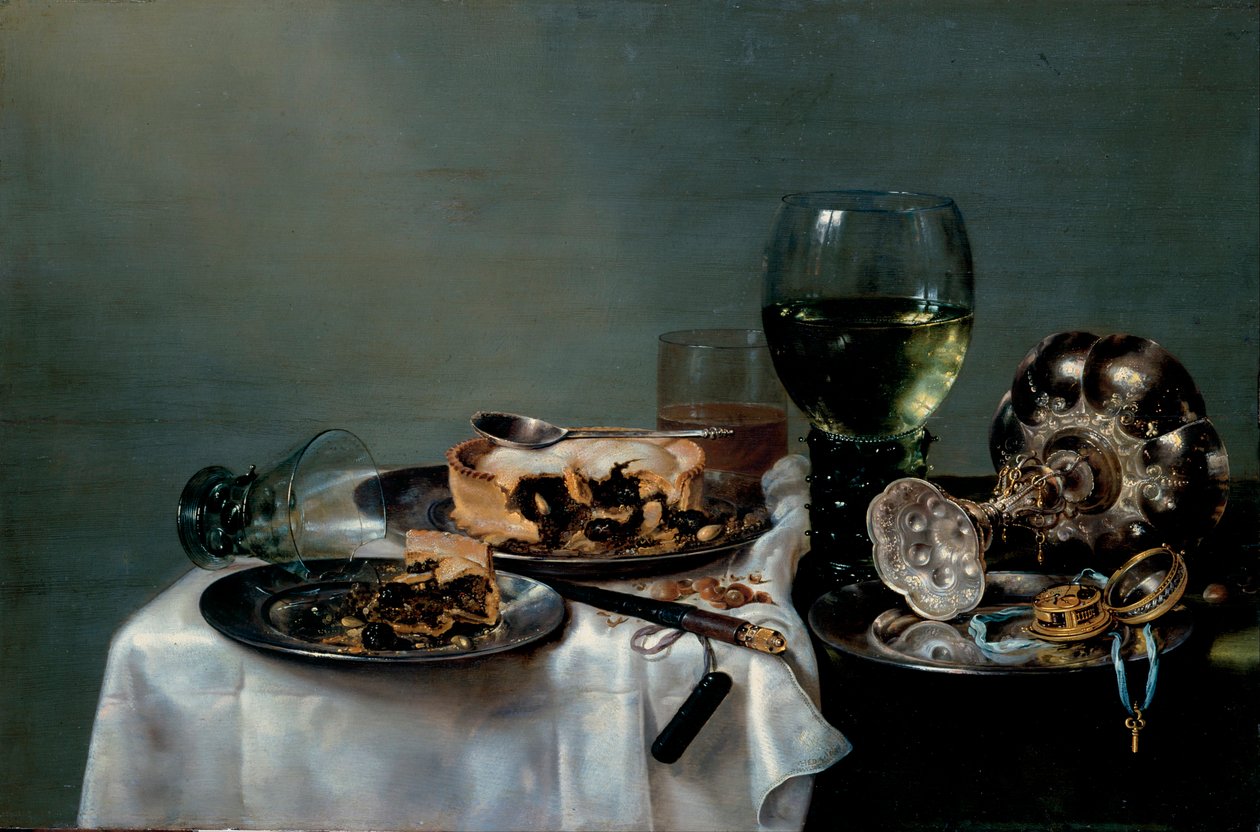 "Natureza morta de uma mesa de pequeno-almoço com tarte de amora Pintura de Willem Claesz Heda (1594-1680) 1631 Dim 54x82 cm Óleo sobre tela Dresden State Art Collections Dresden de Willem Claesz. Heda