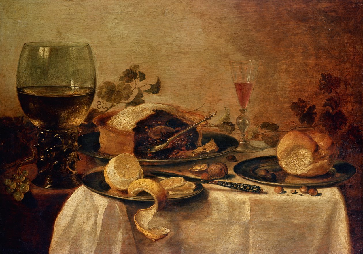 Ainda vida com torta de frutas, 1635 de Willem Claesz. Heda