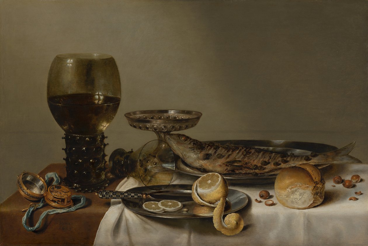Natureza morta com um Roemer e um relógio de Willem Claesz. Heda