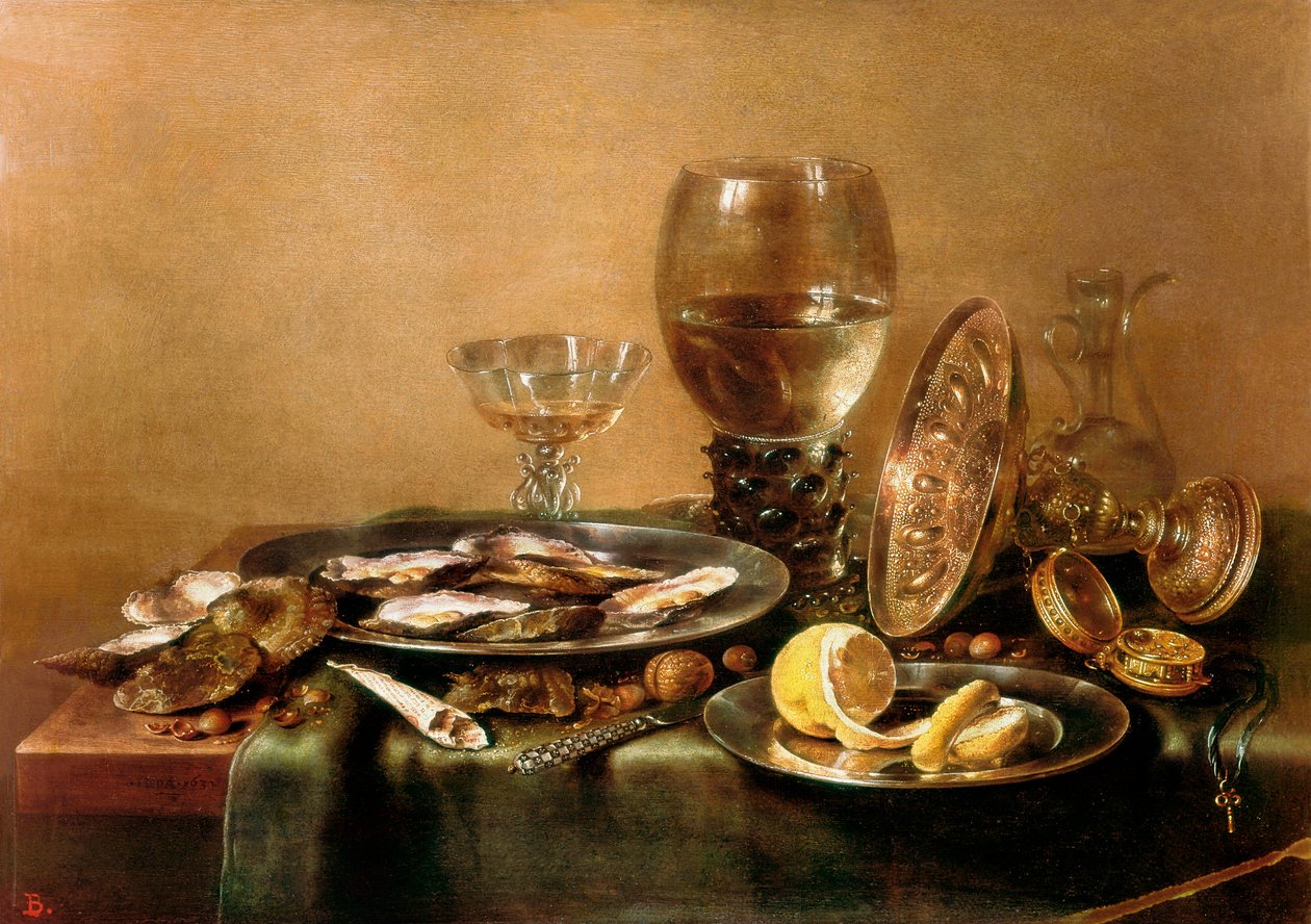 Natureza morta composta por ostras, limão, vidro e louça de mesa dourada de Willem Claesz. Heda