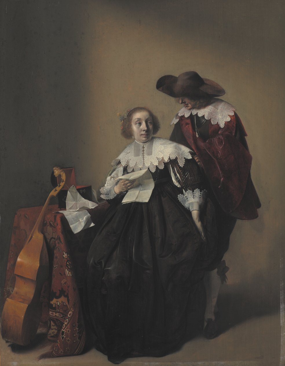 Uma mulher sentada com uma carta, um cavalheiro ao lado dela de Willem Cornelisz Duyster