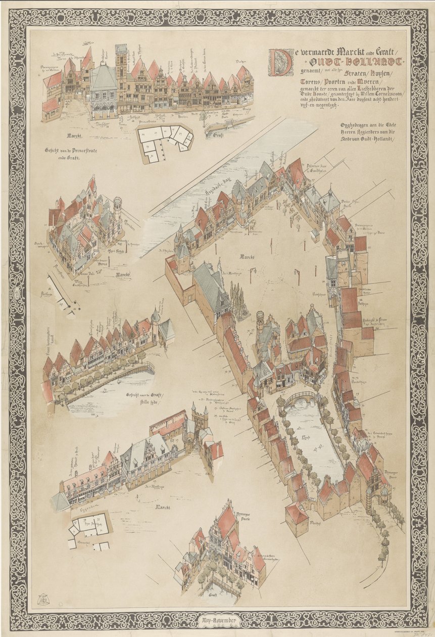 Mapa da Holanda Antiga, 1895
O famoso Marckt ende Graft / Oudt-Hollandt genaemt / met alle syn Straten / Huysen (...) gemaeckt ter eer van allen Liefhebberen der Oude Konste (...). (título sobre o objecto) de Willem Corneliszoon