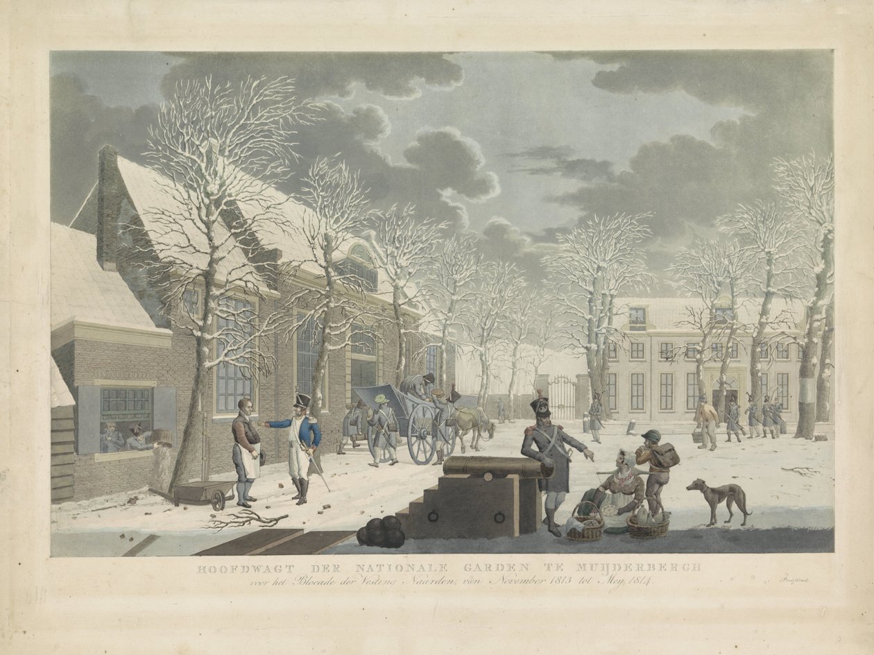 Guarda principal da Guarda Nacional em Muiderberg, 1813-1814 Hoofdwagt der Nationale Garden em Muijderberch em frente ao Blocade der Vesting Naarden, de novembro de 1813 a Mey 1814 (título no objeto) de Willem Hendrik Hoogkamer (attributed to)