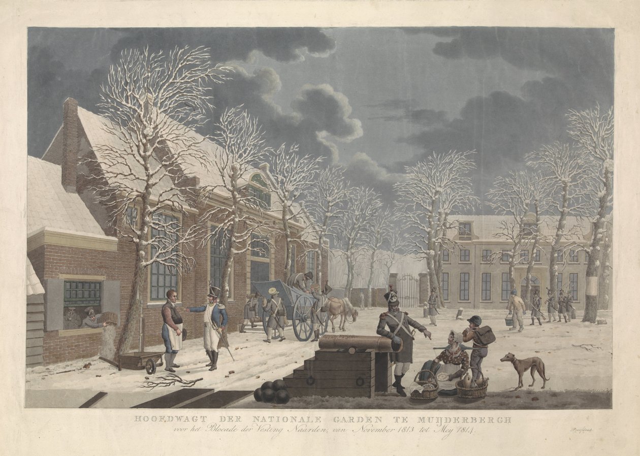 Paisagem de neve com soldados a falar com civis durante o cerco de Naarden
Hoofdwagt der nationale garden em Muijderbergh, em frente à Blocada da Fortaleza de Naarden, de Novembro de 1813 a Maio de 1814 (título sobre o objecto) de Willem Hendrik Hoogkamer (attributed to)