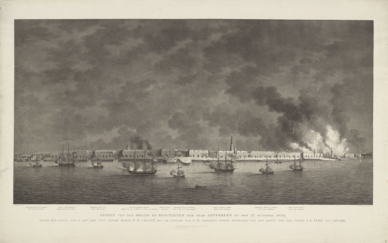Vista da Marca e Tiro da Cidade de Antuérpia em 27 de outubro de 1830, sob o comando de Z. Exc.e Luit.t Gener.l Baron D.H. chassis; com a posição do Esquadrão Z.M. sob o comando do Capitão do Mar, Jonkh.r J.E. Lewe van Aduard (título em obj de Willem Hendrik Hoogkamer