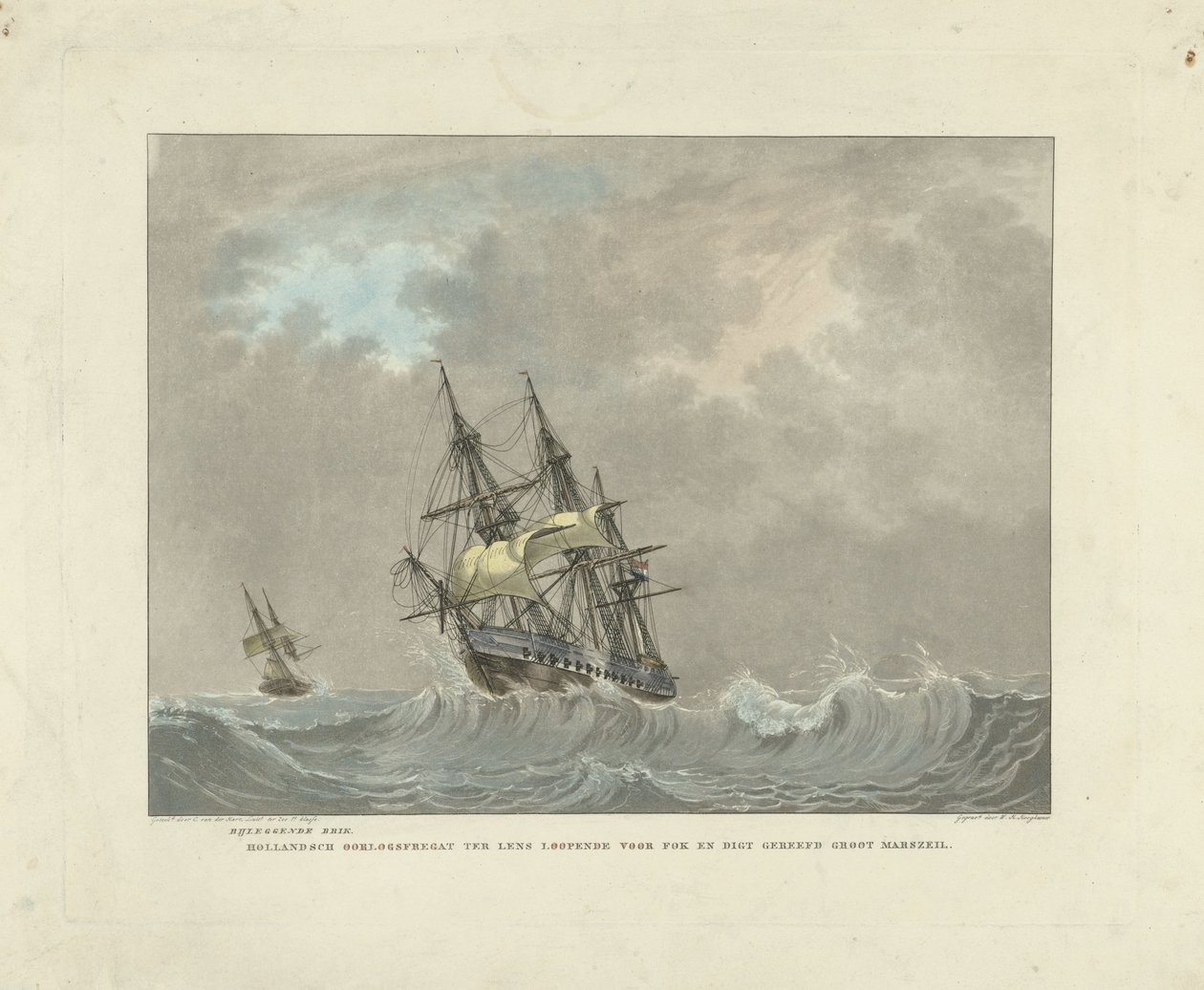 Veleiro em ondas altas
Cadeirante. Oorlogsfregat hollandsch oorlogsfregat ter lente afrouxamento para jib e cavar velas principais de recife (título no objecto) de Willem Hendrik Hoogkamer