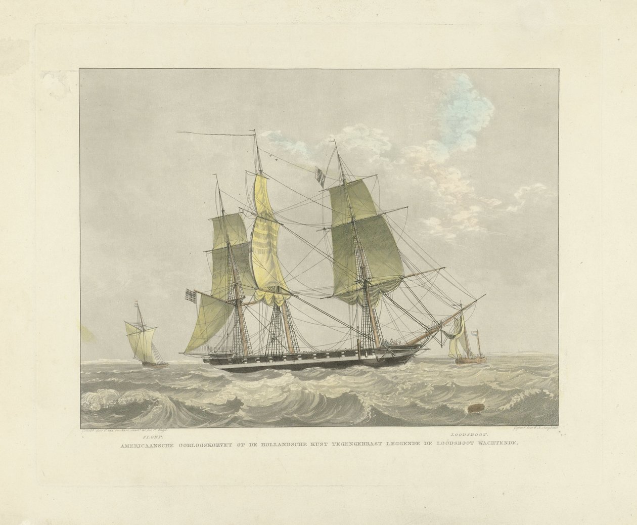 Veleiro, veleiro e barco piloto na água
Corveta de guerra americana na costa holandesa com o barco piloto à espera (título sobre o objecto) de Willem Hendrik Hoogkamer