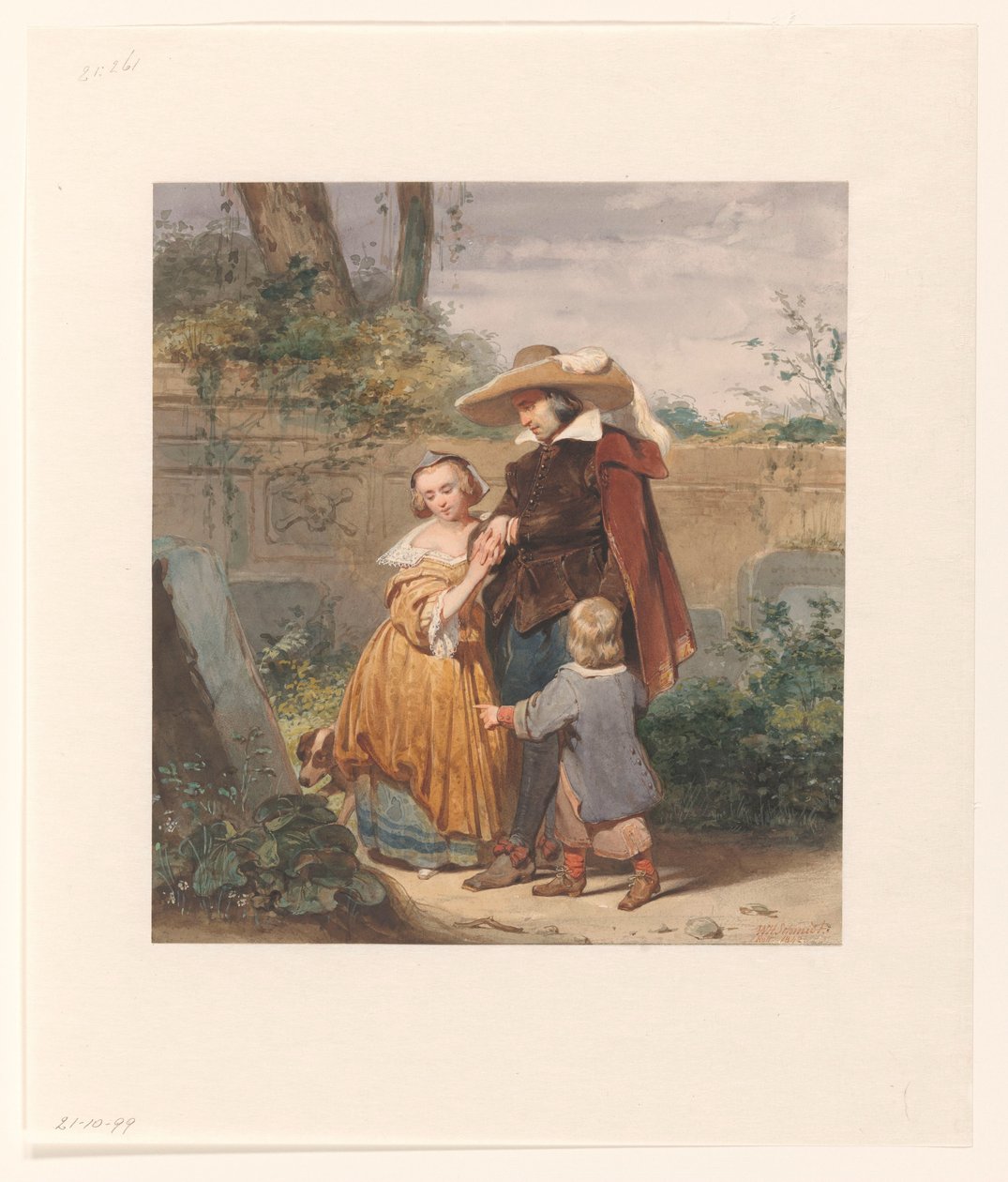 Um pai com dois filhos no túmulo da mãe de Willem Hendrik Schmidt