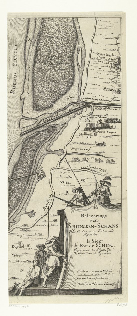 Sítio de Schenckenschans (página da direita), 1635
Belegeringe van Schencken-Schans, Met alle de nieuwe Forten endeen Approchen / le Siege du Fort de schinc, Avecq toutes les Nouvelles Fortifications et Approches (título sobre o objecto) de Willem Hondius