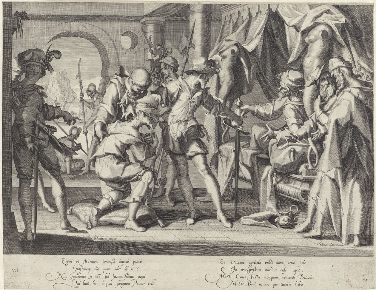 O Conde Guilherme III da Holanda ordena a decapitação do seu oficial de diligências
Thronus Justitiae (título da série) de Willem Isaacsz. van Swanenburg