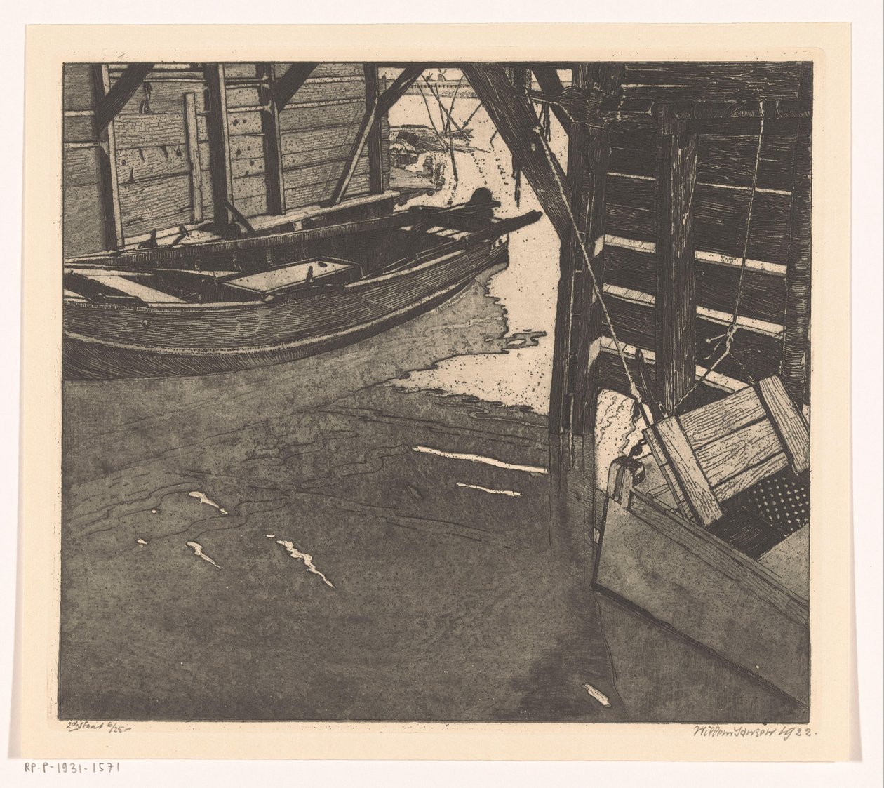 Interior de uma casa de barcaças com cartão de pesca e uma barcaça com cartão de pesca embutido de Willem Jansen (graveur) (signed by artist)