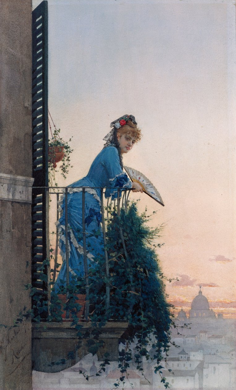 Uma beleza elegante em uma varanda com vista para Roma, com a cúpula de São Pedro à distância de Willem Johannes Martens