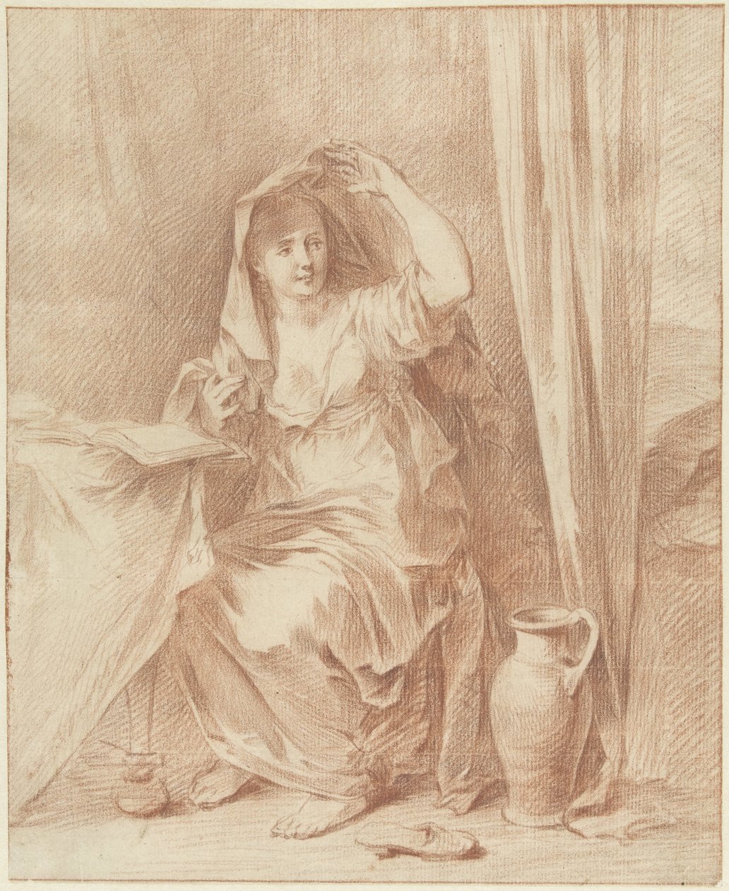 Mulher sentada a uma mesa atrás de um livro de Willem Joseph Laquy