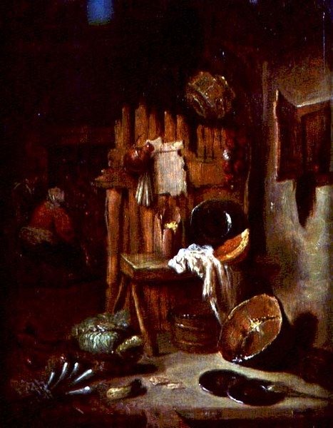 Um interior de cozinha (óleo sobre tela) de Willem Kalf