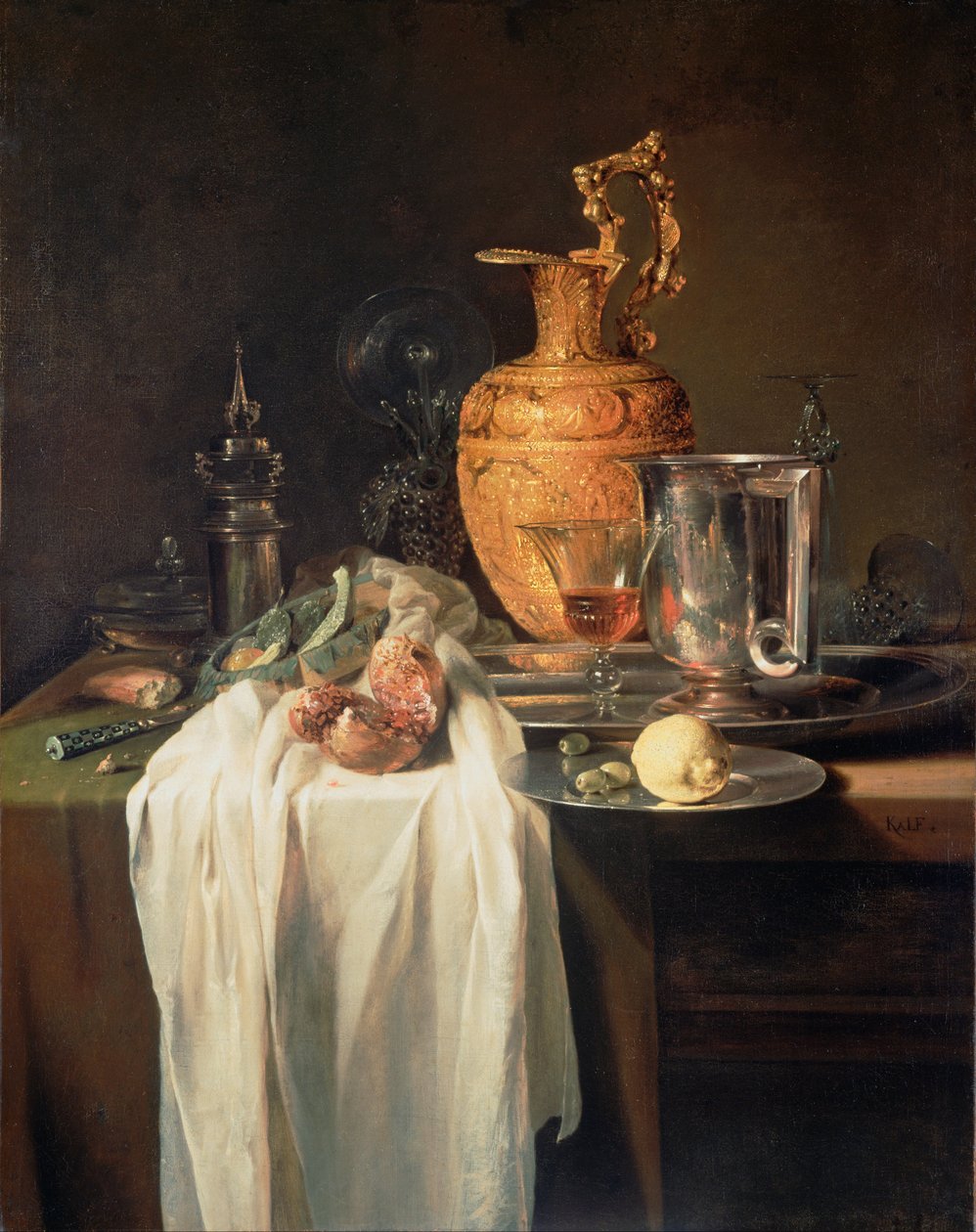 Natureza-morta com jarro, vasos e romã de Willem Kalf