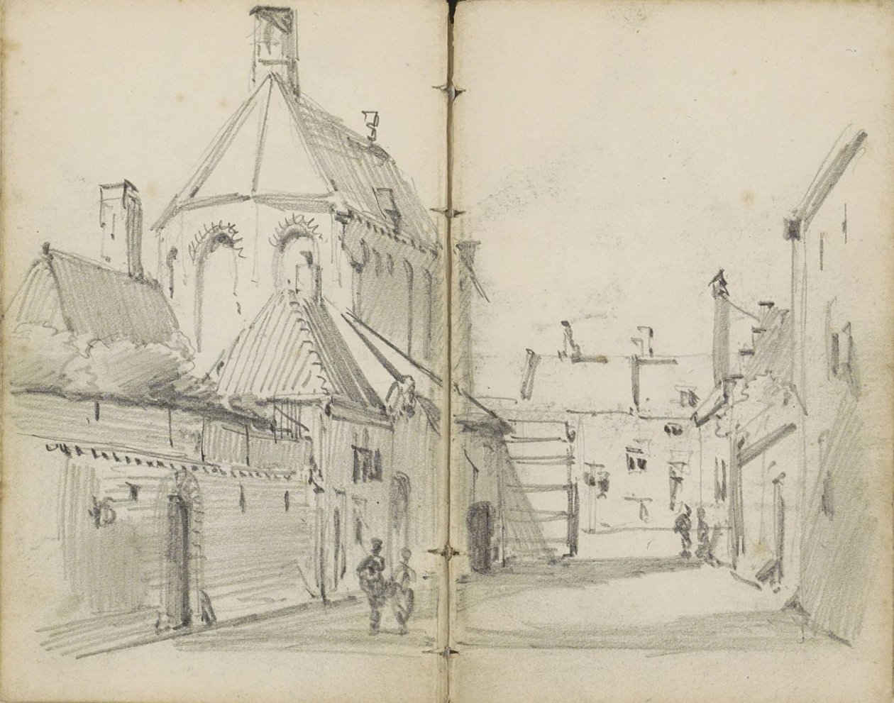 Rua de aldeia com uma igreja e figuras de Willem Koekkoek