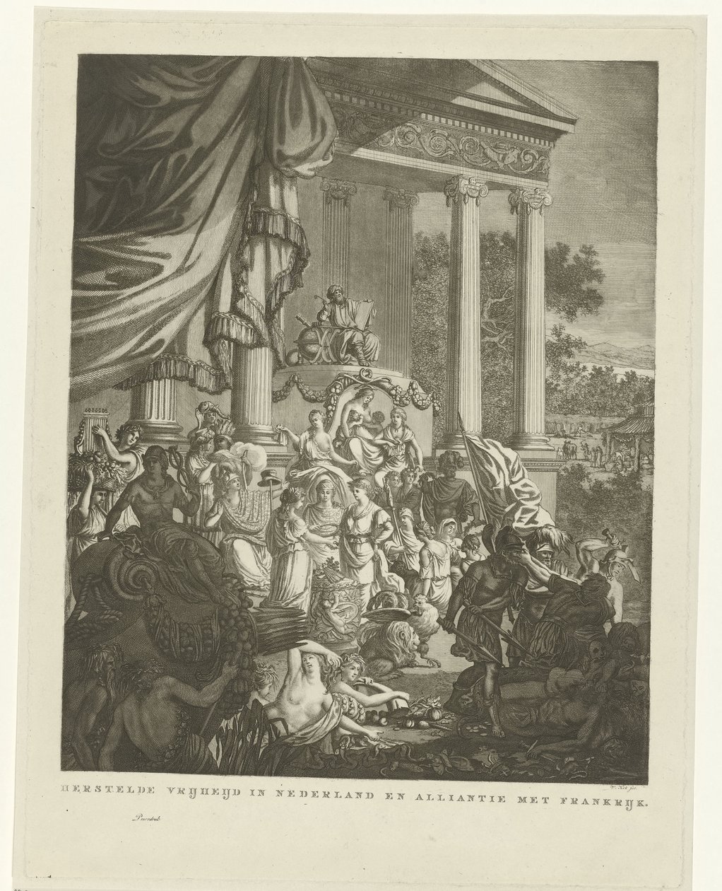 Representação alegórica sobre a aliança entre os Países Baixos e a França, 1795
Liberdade restaurada nos Países Baixos e aliança com a França (título sobre o objecto) de Willem Kok