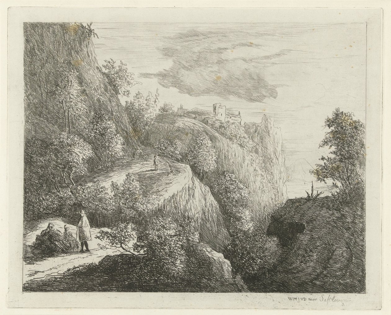 Paisagem de montanha com figuras de repouso na berma da estrada de Willem Matthias Jan van Dielen