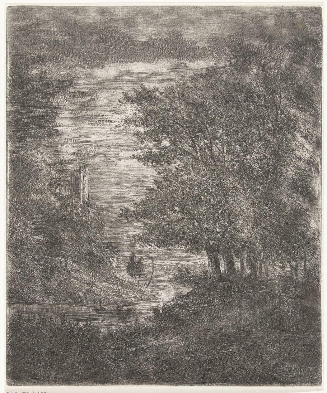 Paisagem montanhosa com ruínas e barco na água ao luar de Willem Matthias Jan van Dielen