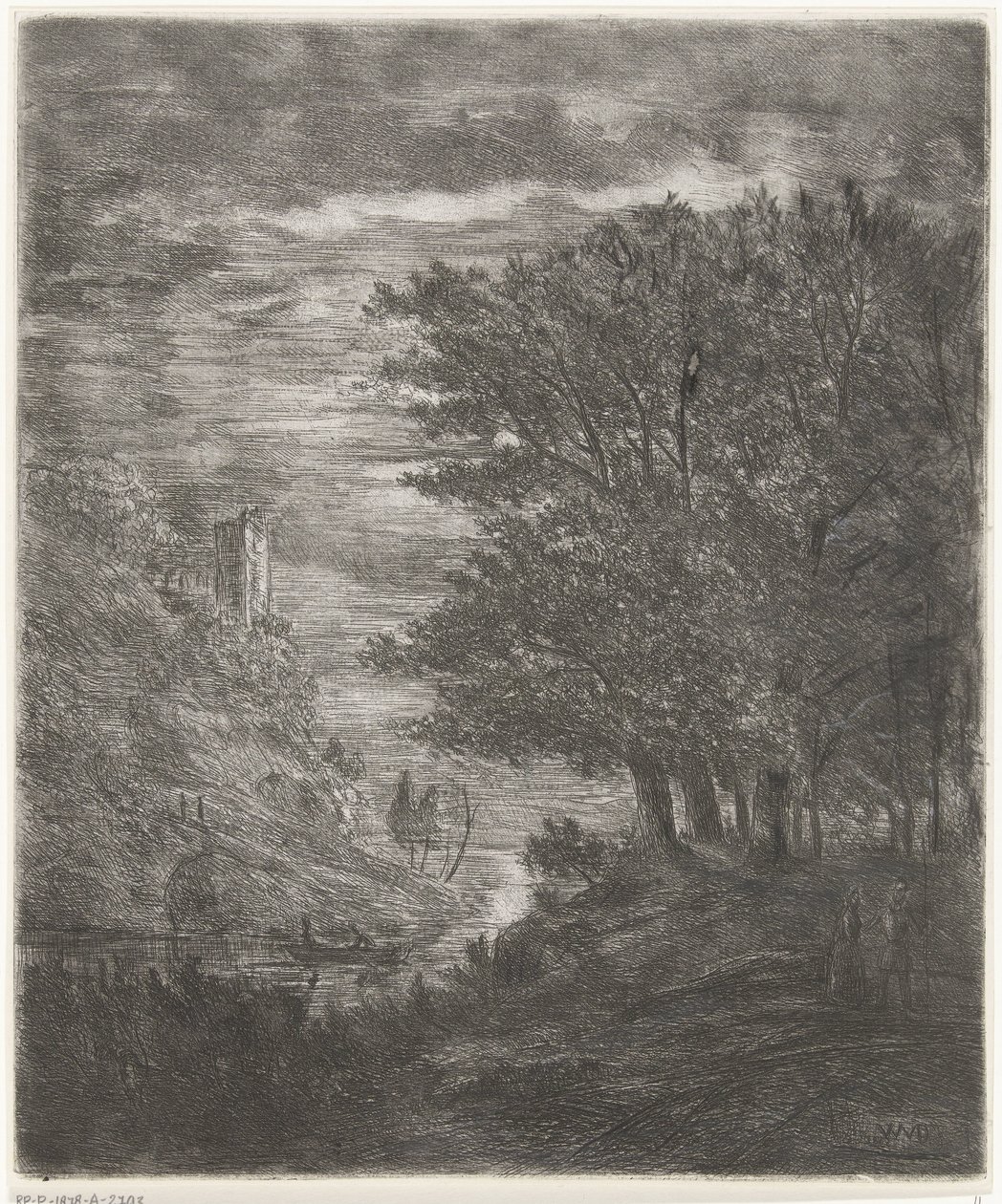 Paisagem montanhosa com ruínas e barco na água ao luar de Willem Matthias Jan van Dielen