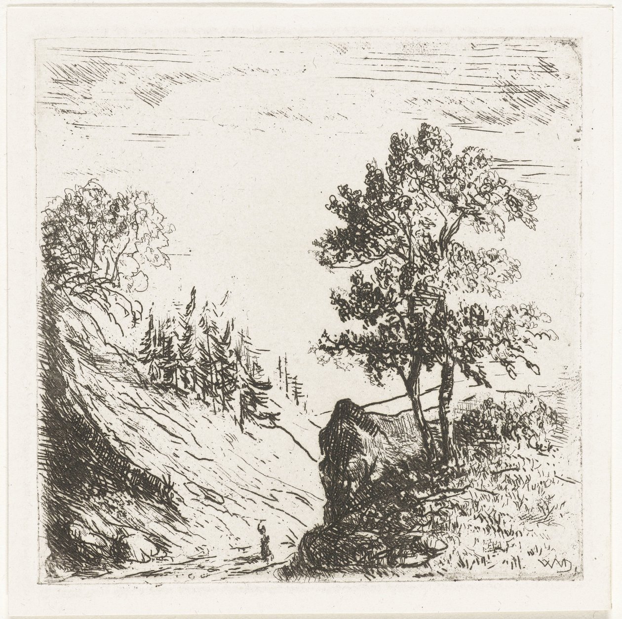 Paisagem montanhosa com duas árvores na rocha de Willem Matthias Jan van Dielen