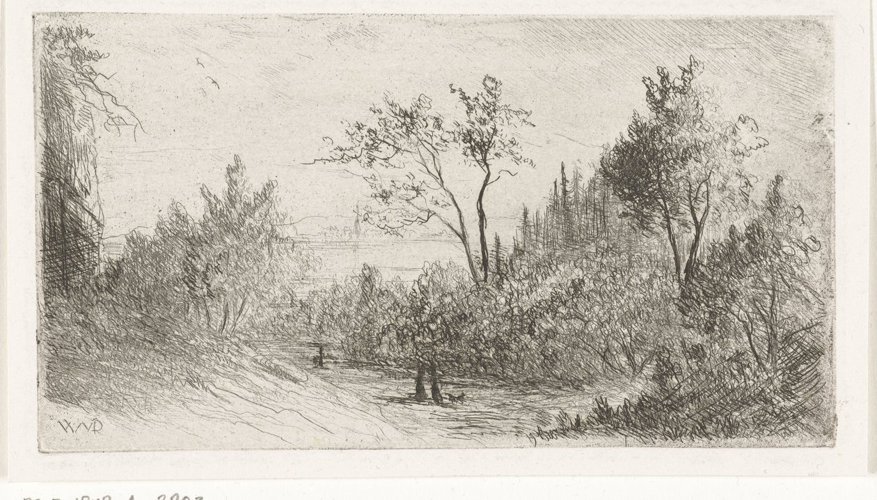Paisagem montanhosa com caminhantes e cachorro na borda da floresta de Willem Matthias Jan van Dielen