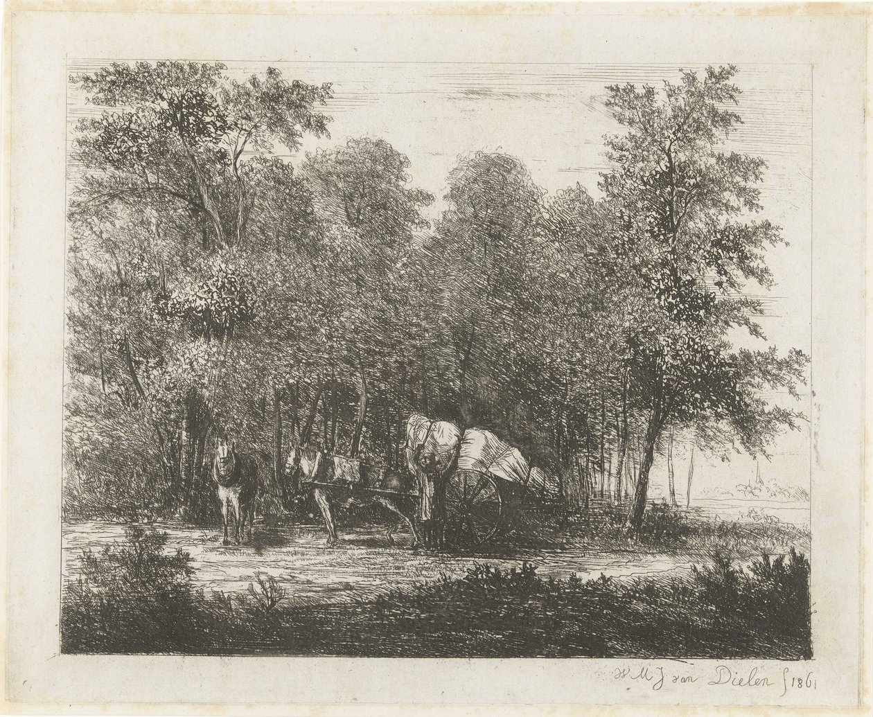 Paisagem com um homem com um carrinho totalmente carregado e um cavalo aproveitado de Willem Matthias Jan van Dielen