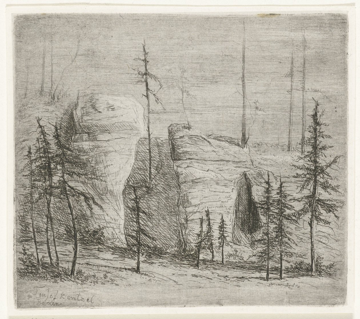 Paisagem rochosa com árvores coníferas, o chamado Teufelkanzel Teufelkantzel Baxen (título no objeto) de Willem Matthias Jan van Dielen