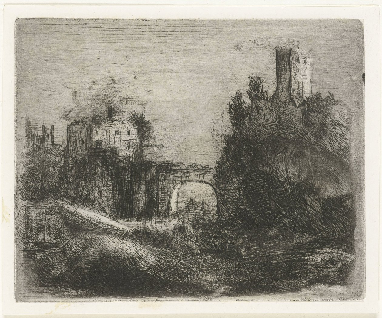 Paisagem do sul com portão e torre na rocha de Willem Matthias Jan van Dielen