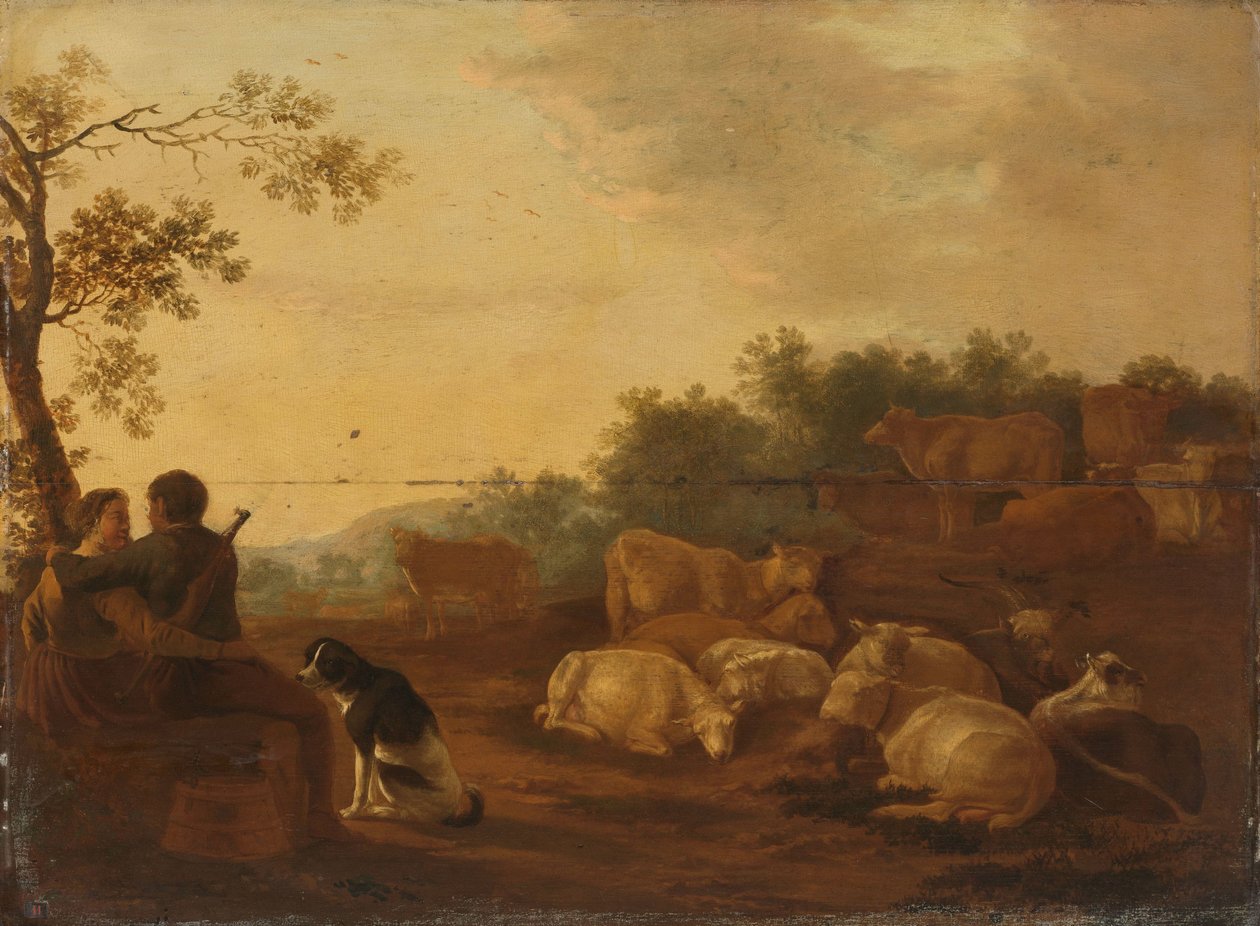 Paisagem com pastor, pastora e gado de Willem Ossenbeeck
