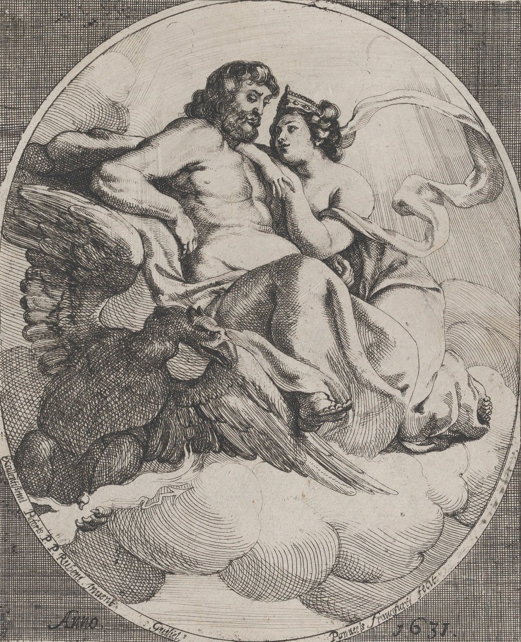 Júpiter e Juno sentados nas nuvens, com uma águia segurando os relâmpagos em baixo à esquerda, 1631. de Willem Panneels