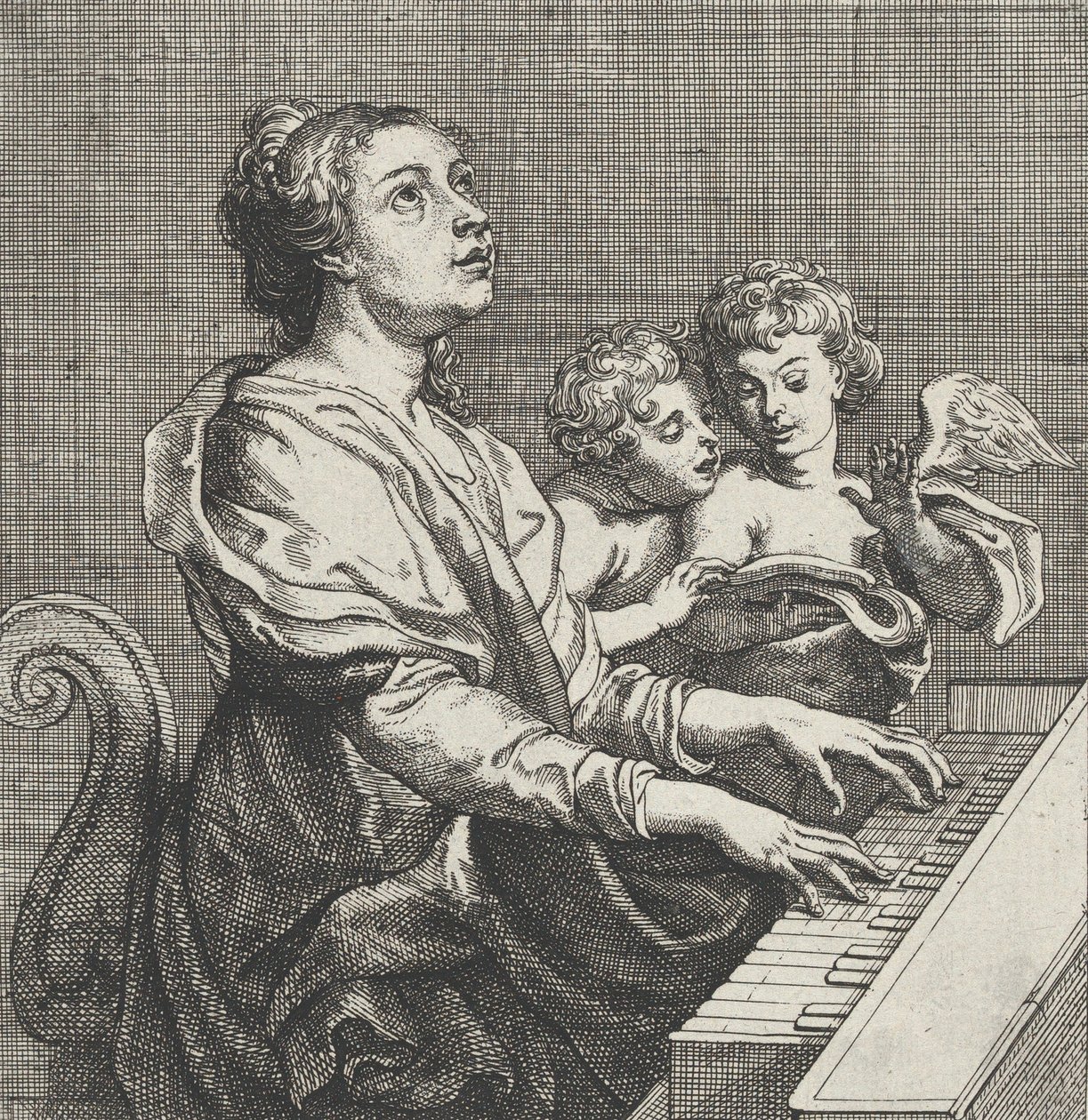 Santa Cecília tocando o órgão com dois putti à direita, ca. 1631. de Willem Panneels